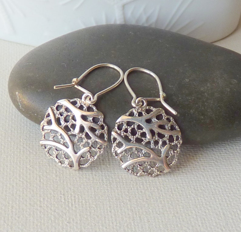 Sterling Silver Filigree Dangle Earrings 925 Modern Branch Pattern Silver Shield Earrings 925 Silver Dangle Sterling Pierced Earrings 925