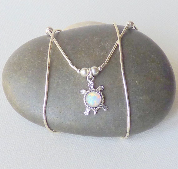 Liquid Silver Opal Turtle Necklace Vintage Sterli… - image 2
