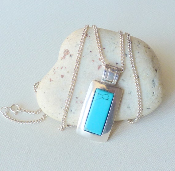 Sterling Silver Faux Turquoise Necklace 26" Statement Vintage Turquoise Pendant Blue Turquoise Silver Chain Necklace Faux Turquoise Jewelry