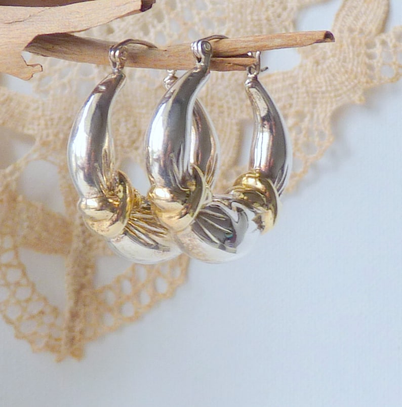 Sterling Silver Hoop Earrings 925 Gold Washed Sterling Pierced Hoop 925 Sterling Silver Hoop Jewelry Puffed Silver Gold Hoops 925 Earrings