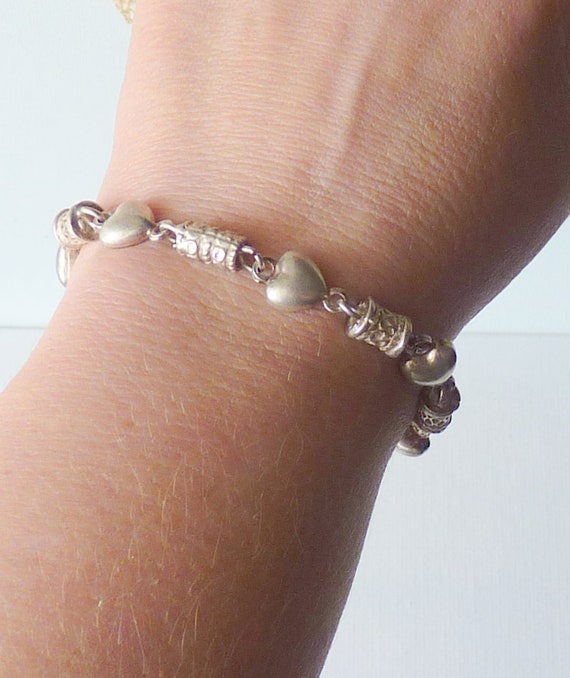 Sterling Silver Heart Bracelet, Vintage Charm 925… - image 2