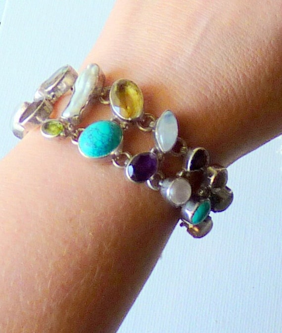 Sterling Silver Multi Stone Bracelet Solid 925 Br… - image 1
