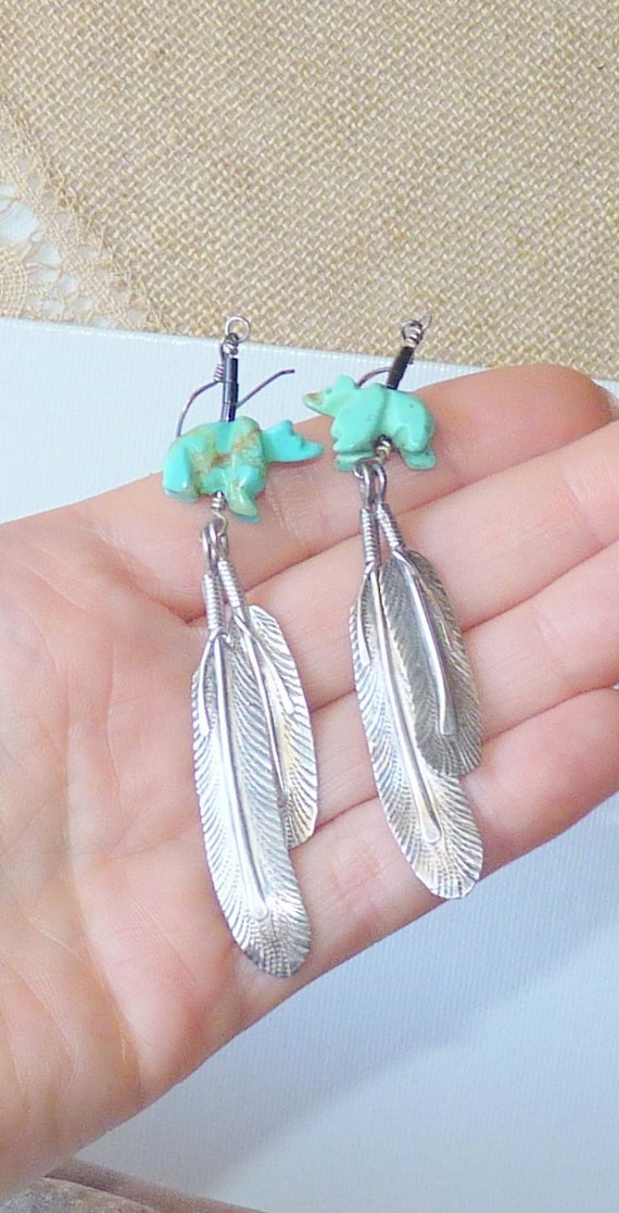 Southwestern Turquoise Bear Earrings 925 Tribal S… - image 2