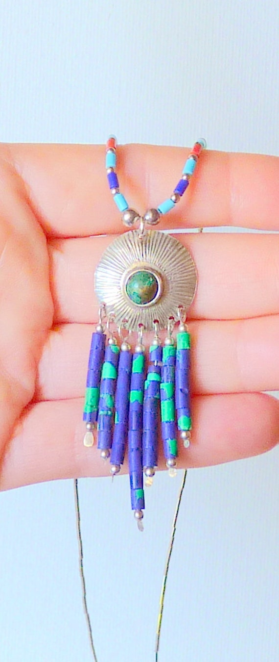 Sterling Silver Necklace 18" Blue/Green/Red Beade… - image 3