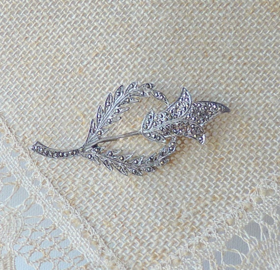 Sterling Silver Marcasite Pin Vintage Flower Marc… - image 2