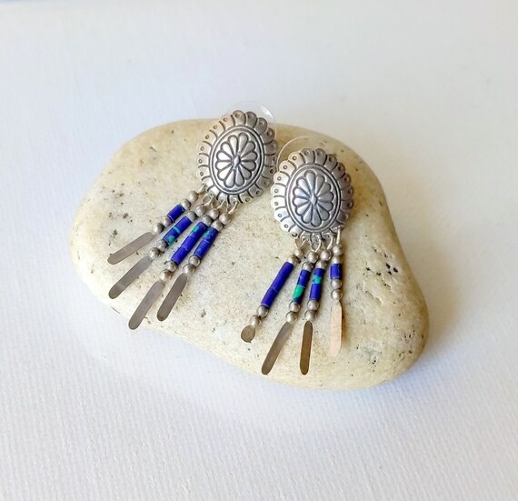Sterling Silver Turquoise and Lapis Concho Dangle… - image 1