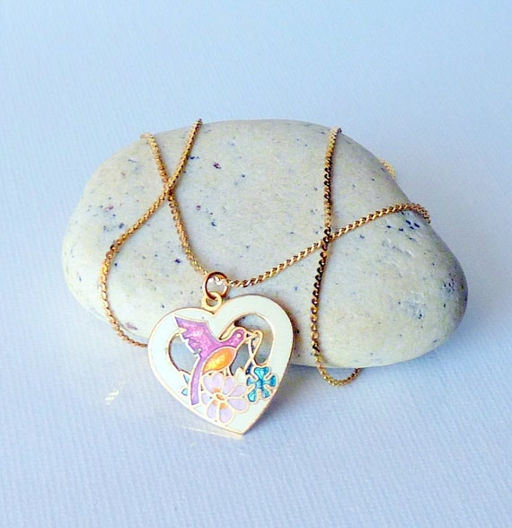 Cloisonne Necklace 18" Gold Tone Heart Pendant, Bi