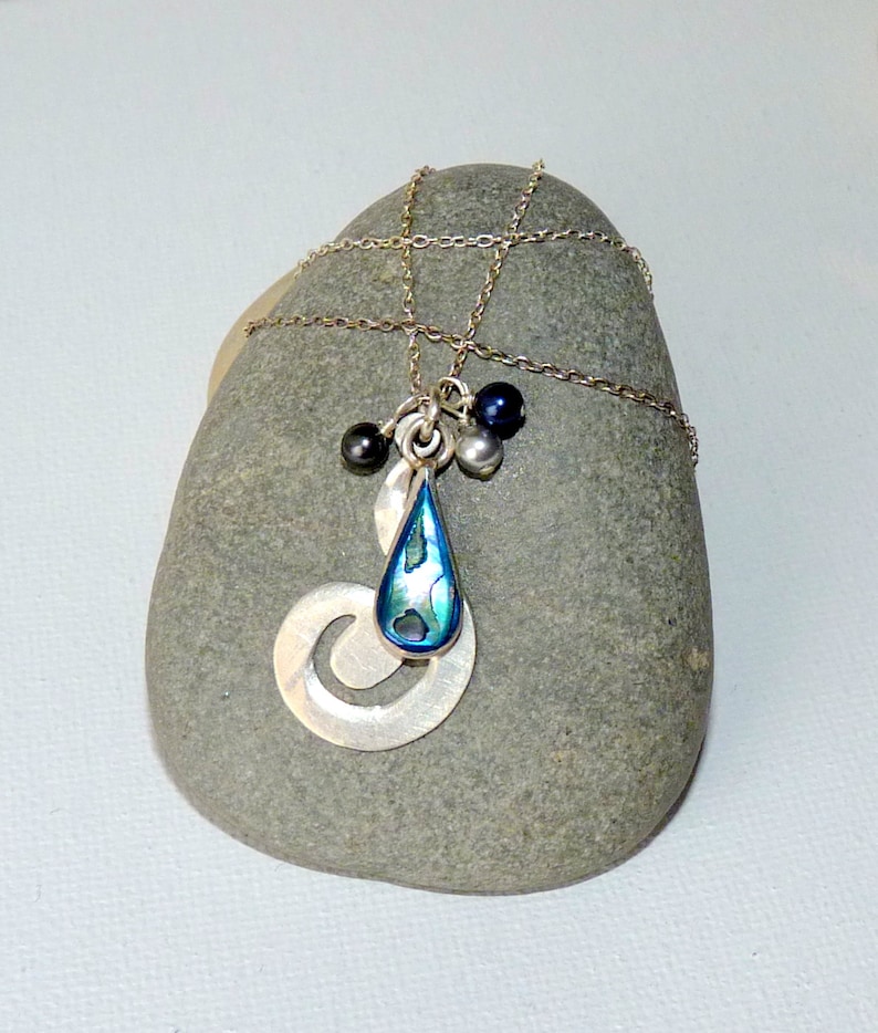 Sterling Silver Abalone Pendant 18 Chain Necklace Vintage Paua Shell Abalone Tear Drop Necklace Modern 925 Paua Shell Jewelry 925 Abalone