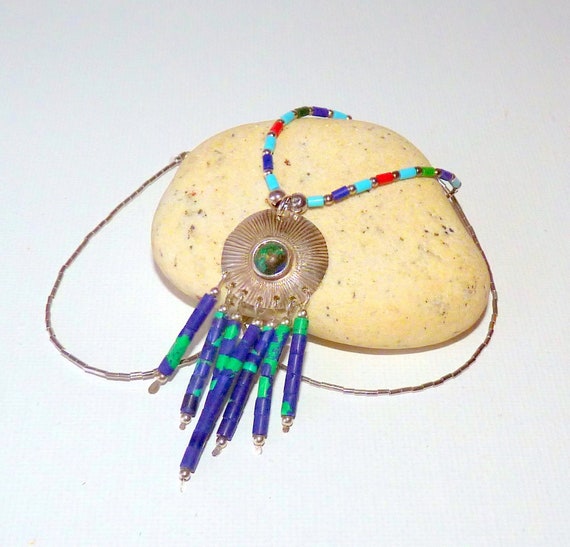 Super Unique Zuni 'Turquoise Mask' Coral Native American Jewelry Silver Necklace Super Unique Zuni 'Turquoise Mask' Coral Native American Jewelry Silver Necklace