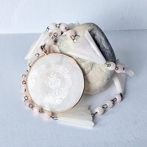 Gold Tone Mayan Calendar Pendant Gem Necklace Engraved Stone Mayan Statement Necklace, Aztec Sun, Ancient Symbols