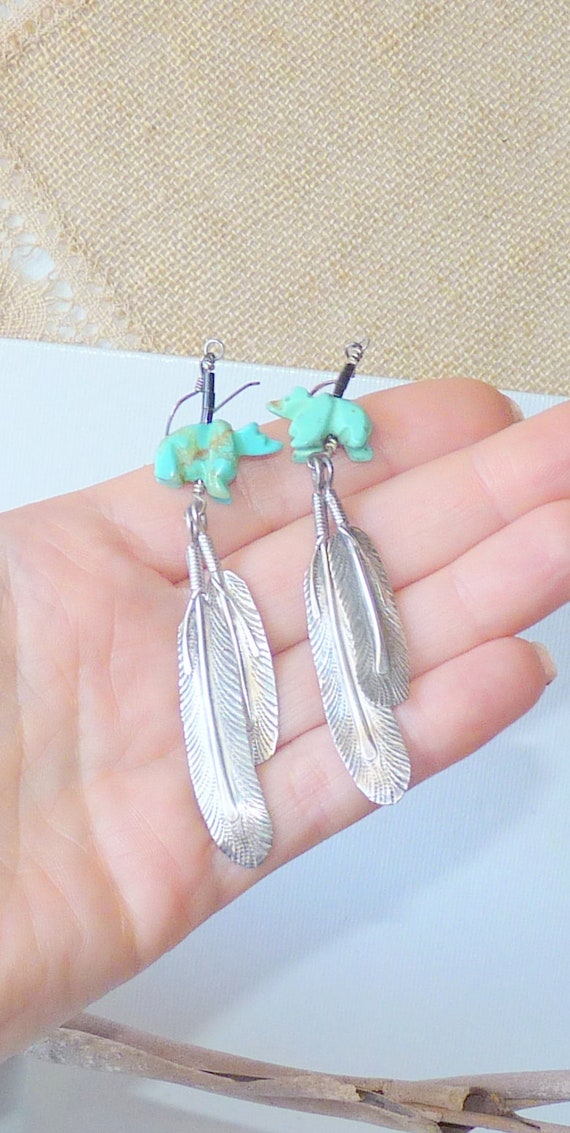 Southwestern Turquoise Bear Earrings 925 Tribal S… - image 1