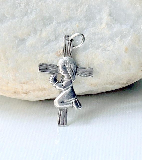 Sterling Silver Cross & Praying Girl Pendant, Crucifix Pendant, Small Cross, 925 Cross, Religious Pendant Religious Cross, 925 Cross Vintage