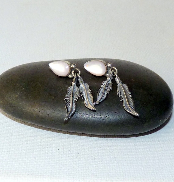 Sterling Silver MOP Feather Earrings Navajo Native American 925