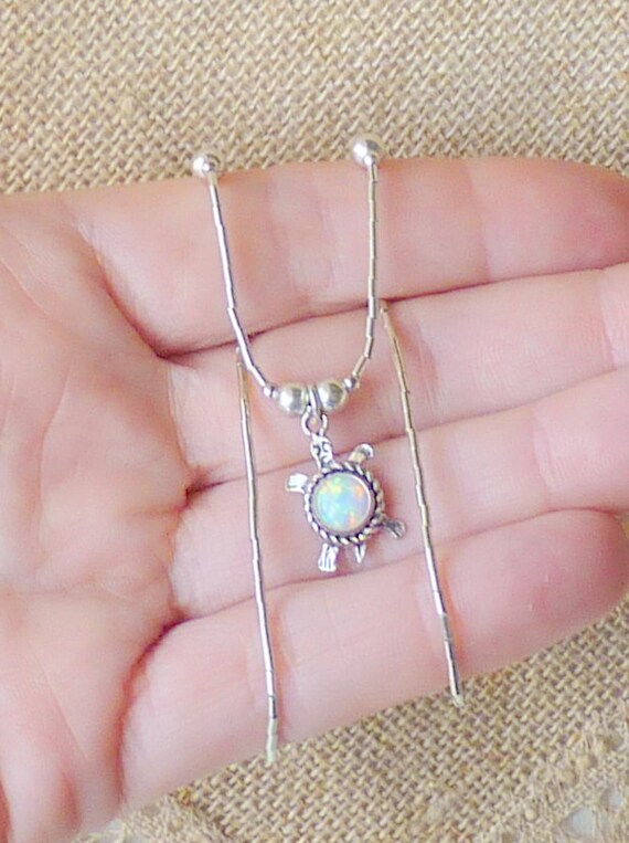 Liquid Silver Opal Turtle Necklace Vintage Sterli… - image 5