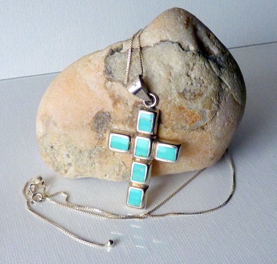 Sterling Silver Southwestern Turquoise Cross Pend… - image 1
