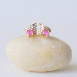 14K Gold  Ruby and Zircon Stud Earrings, Small Vintage 14kt Gold Earrings, 14k Yellow Gold CZ and Ruby Petite Earrings Minimalist Earrings