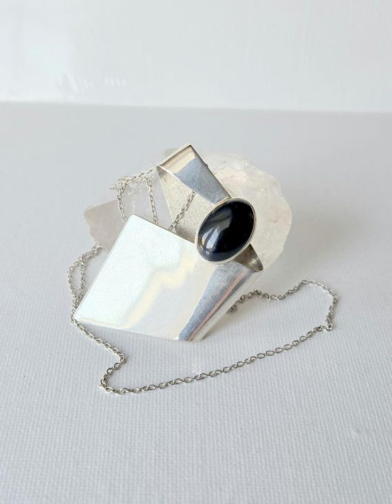Sterling Silver Onyx Pendant Necklace " Modernist Black Onyx Geometric Pendant Black Geometric Onyx Jewelry, 925 Onyx Jewelry Silver Onyx