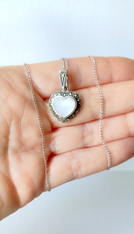 Sterling Silver Mother of Pearl Marcasite Heart 1… - image 3