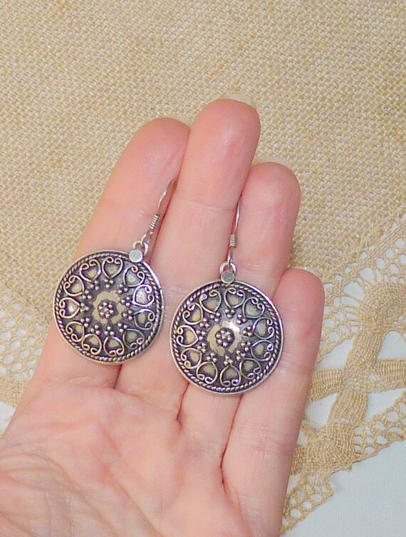 Sterling Silver Earrings 925 Convex Round Earring… - image 4