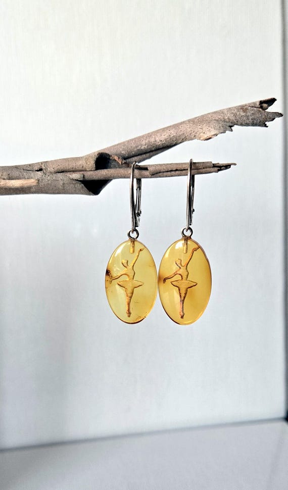 Sterling Silver Amber Ballerina Earrings Pierced Dangle Earrings, Ballerina Silver Amber 925, Retro Baltic Amber, Vintage Amber Jewelry