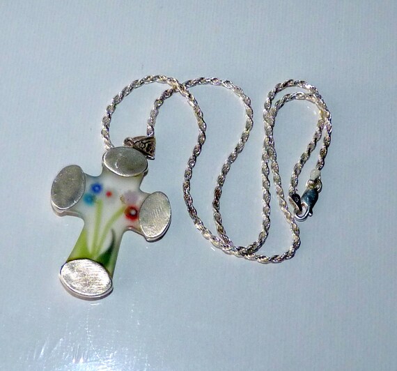 Vintage Sterling Silver Frozen Glass Cross Pendan… - image 7