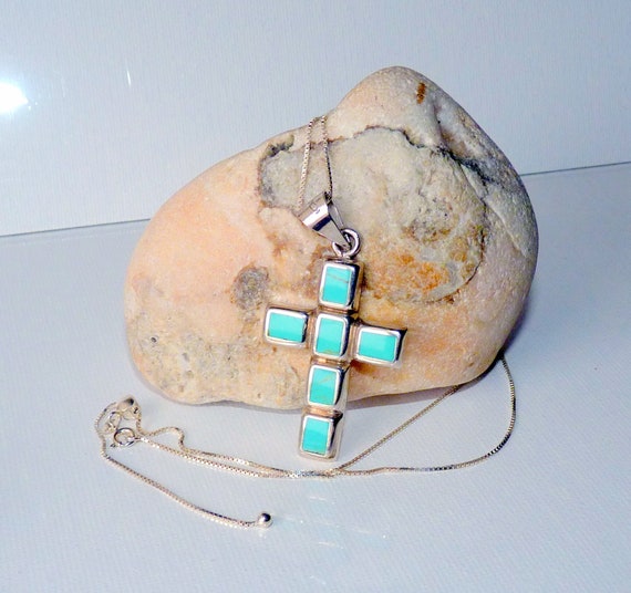 Sterling Silver Southwestern Turquoise Cross Pend… - image 2