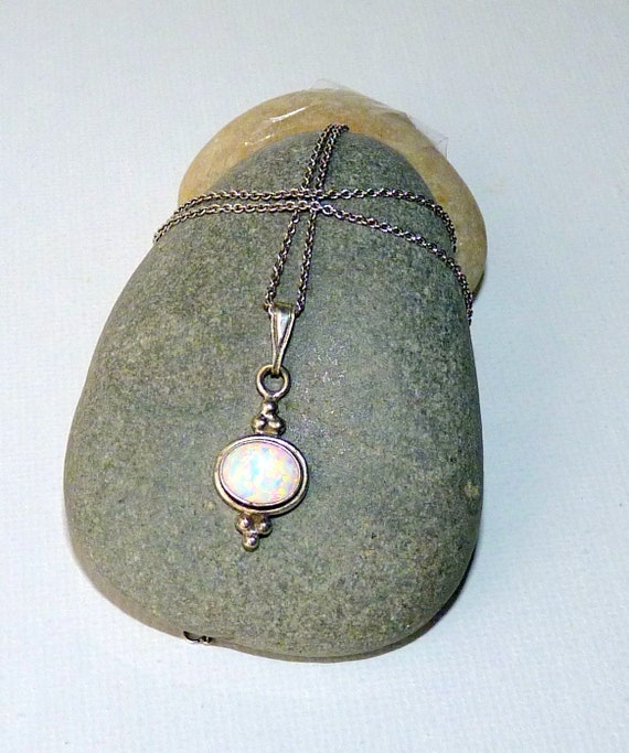 Sterling Silver Opal 16+2+2" Necklace Silver Mini… - image 1