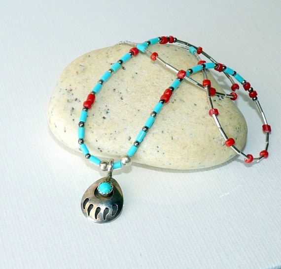 Sterling Silver Liquid Silver Bear Claw Turquoise… - image 1