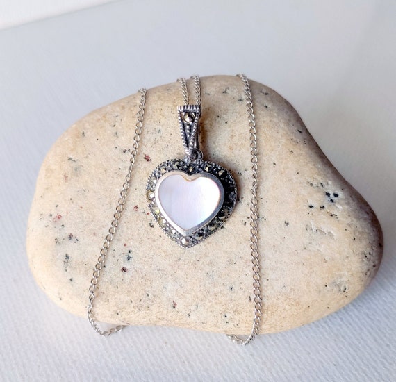 Sterling Silver Mother of Pearl Marcasite Heart 1… - image 1
