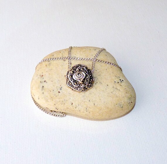 Sterling Silver Rose Pendant 18" Necklace Rose Marcasite Flower 925 Flower Jewelry 925 Silver Rose Necklace, Flower 925 Jewelry 925 Rose