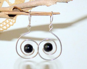 Sterling Round Onyx Earrings Black Onyx Bead 925 Pierced Earrings, Dangle Onyx, Modern Gemstone Earrings, Genuine  925 Black Onyx Jewelry