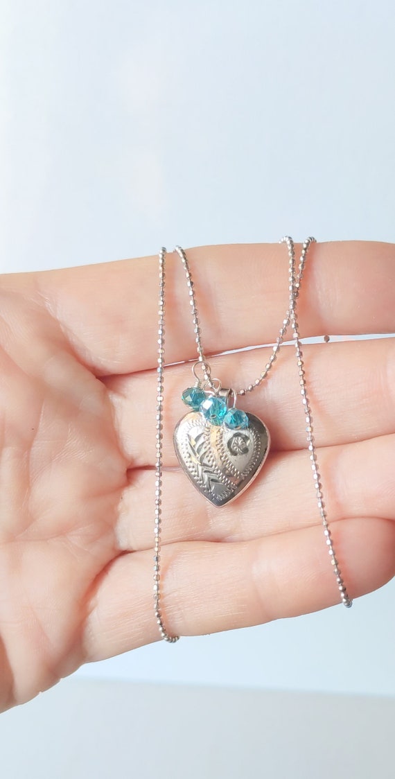 Tooled Sterling Silver Heart Locket 16" Necklace … - image 2