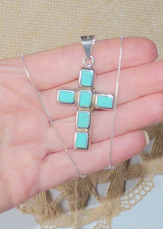 Sterling Silver Southwestern Turquoise Cross Pend… - image 3