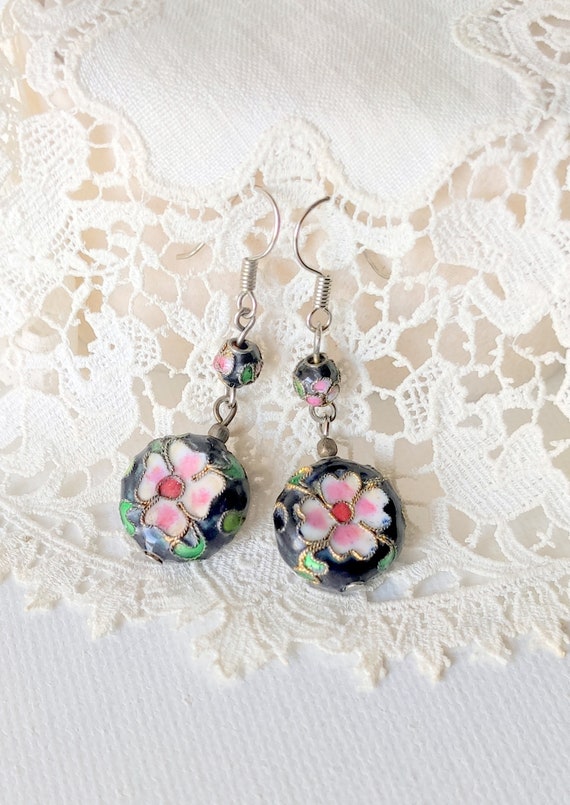 Vintage Silver Cloisonné Earrings Flower Dangle Pi