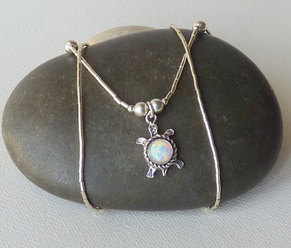 Liquid Silver Opal Turtle Necklace Vintage Sterli… - image 1