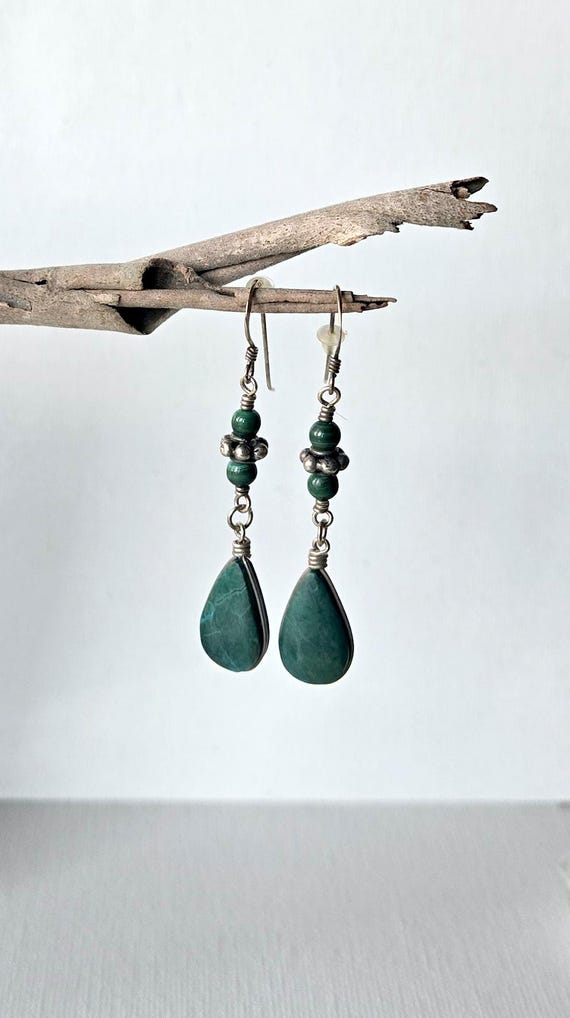 Malachite Sterling Silver Dangle Drop Earrings, V… - image 2