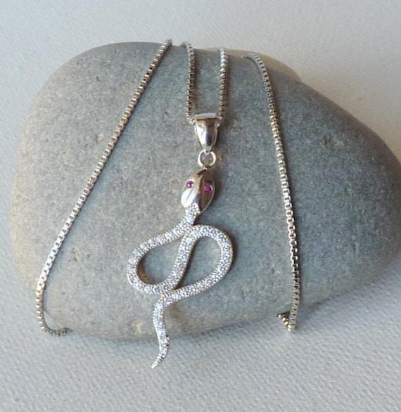 Sterling Silver Cubic Zircon Snake Pendant 20"Chai