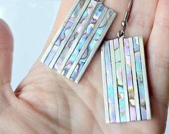 Vintage Silver Dangle Abalone Earrings, Alpaca Inlaid Vintage Earrings, Blue Green Geometric Earrings, Big Dangle Earrings, Mexico Jewelry