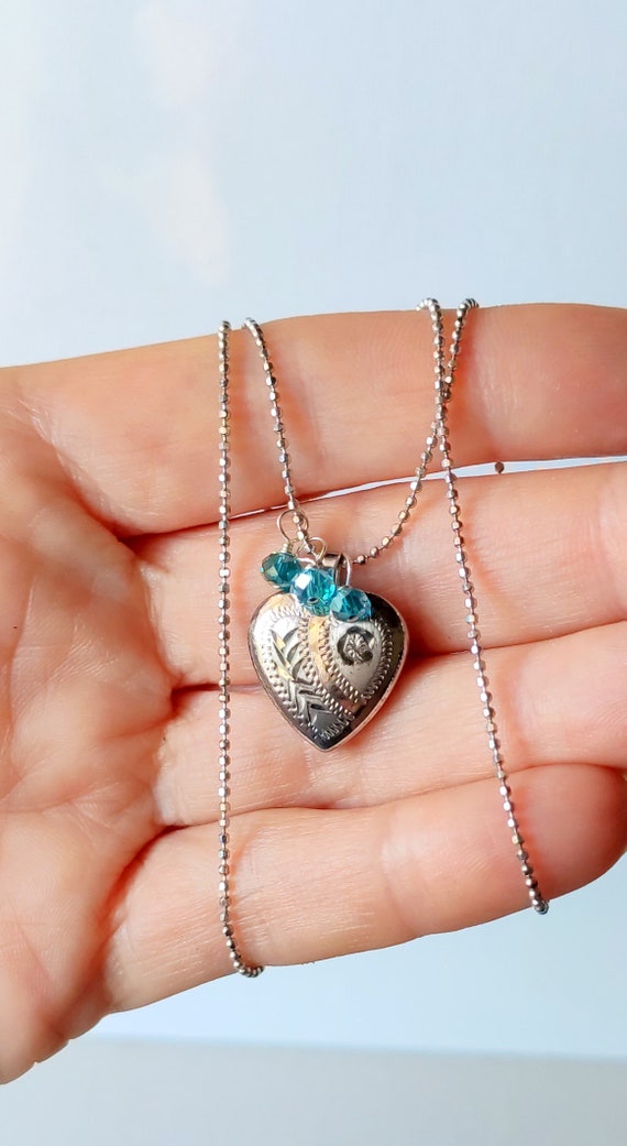 Tooled Sterling Silver Heart Locket 16" Necklace … - image 3