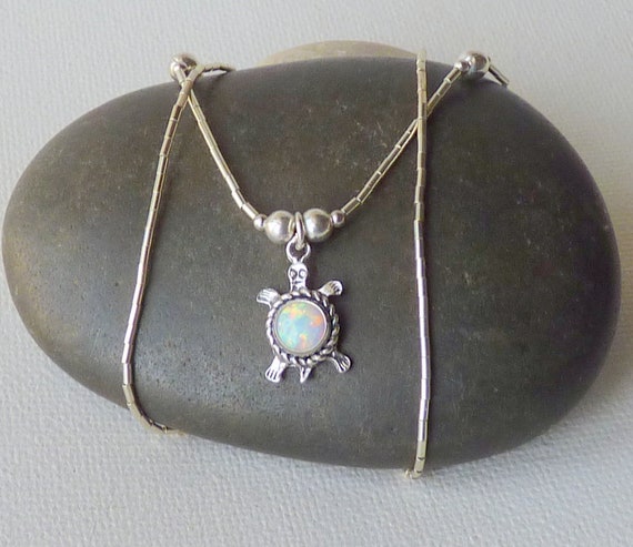 Liquid Silver Opal Turtle Necklace Vintage Sterli… - image 3