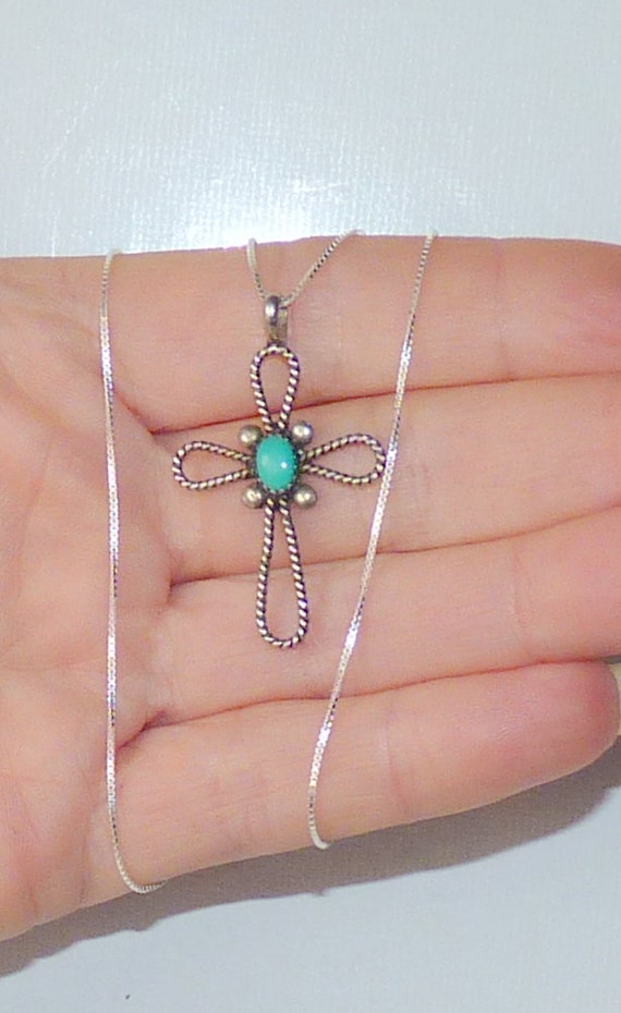 Southwestern Sterling Silver Turquoise Cross Pend… - image 2
