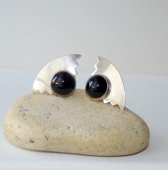 Designed Sterling  Silver Round Onyx Earrings 925 