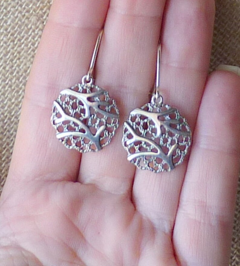 Sterling Silver Filigree Dangle Earrings 925 Modern Branch Pattern Silver Shield Earrings 925 Silver Dangle Sterling Pierced Earrings 925