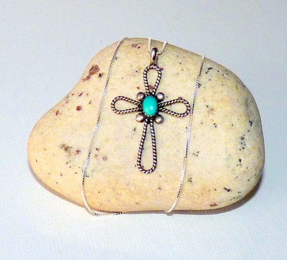 Southwestern Sterling Silver Turquoise Cross Pend… - image 1
