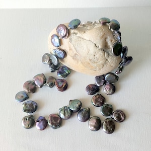 Sterling Silver Peacock Coin Pearl Beads 18&quot; Necklace Vintage Dark Purple Pearl 925 Necklace Jewelry Sterling Pearls 925 Beaded Necklace