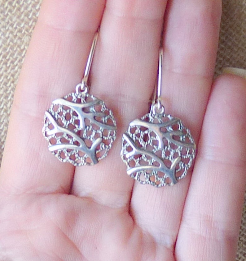 Sterling Silver Filigree Dangle Earrings 925 Modern Branch Pattern Silver Shield Earrings 925 Silver Dangle Sterling Pierced Earrings 925