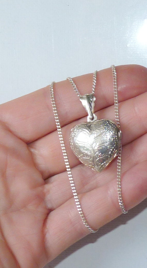 Tooled Sterling Silver Heart Locket 18" Necklace … - image 2