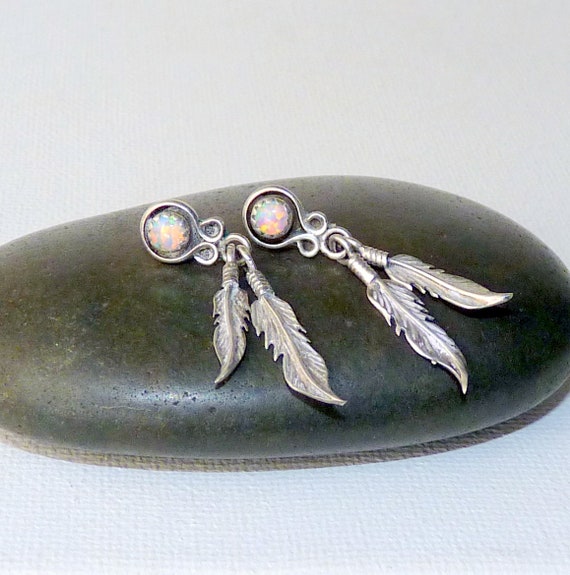 Southwestern Sterling Silver Opal Earrings, Vintag