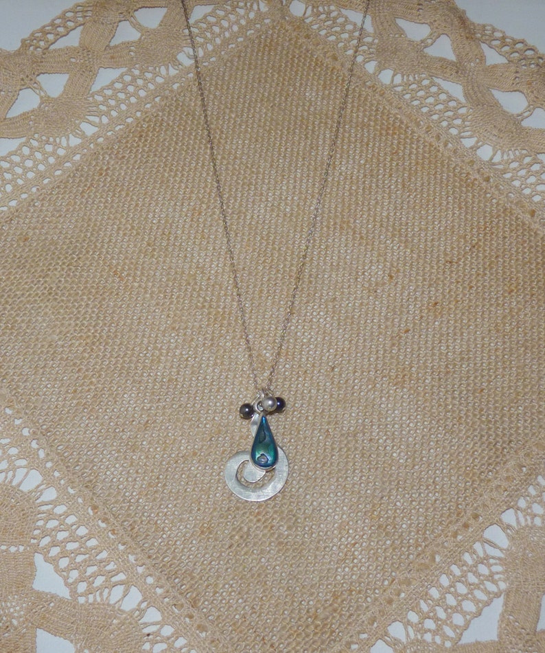 Sterling Silver Abalone Pendant 18 Chain Necklace Vintage Paua Shell Abalone Tear Drop Necklace Modern 925 Paua Shell Jewelry 925 Abalone