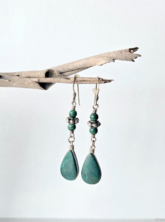 Malachite Sterling Silver Dangle Drop Earrings, V… - image 1